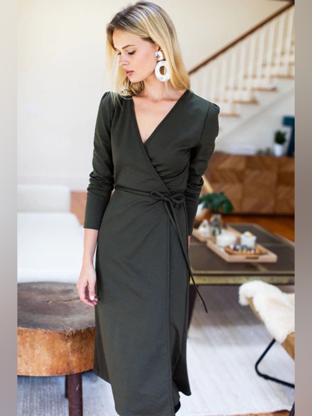 Emerson Fry Wrap Front Long Sleeve Midi Dress in black